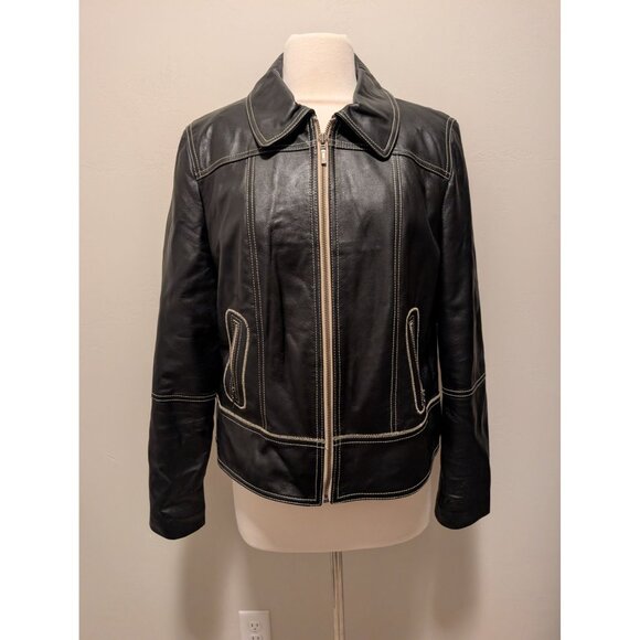 Caslon Black Leather Jacket With Contrast Stitching XL Genuine Leather - Picture 1 of 5